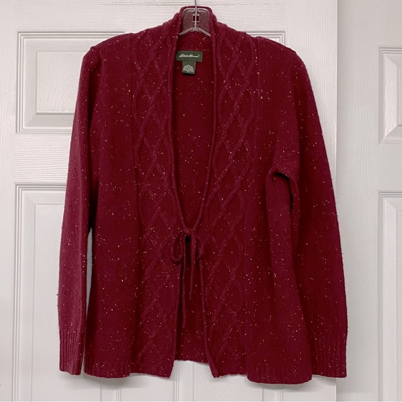 Eddie Bauer Cranberry Red Tie Front Lambswool Cashmere Cable Knit Cardigan Sz XL - Picture 1 of 4